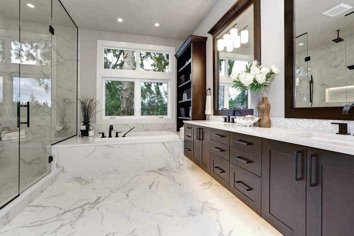 Marble flooring was installed for this bathroom in our client's home in Coquitlam.